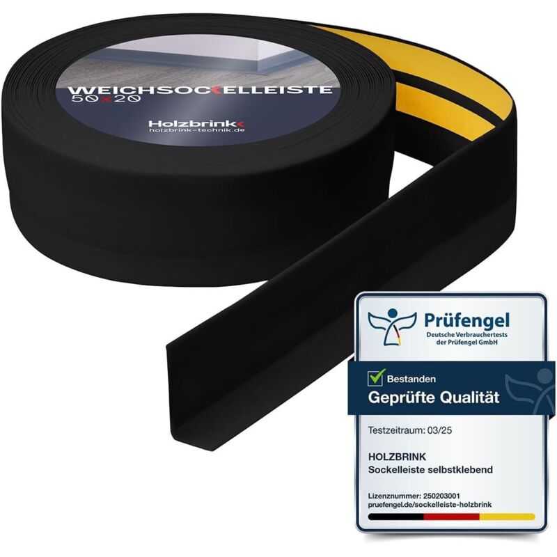 Holzbrink - Weichsockelleiste selbstklebend pvc 50x20mm, 25 m Winkelleiste für Küchenarbeitsplatte, Bodenbelag Eckleiste selbstklebend Farbe: Schwarz