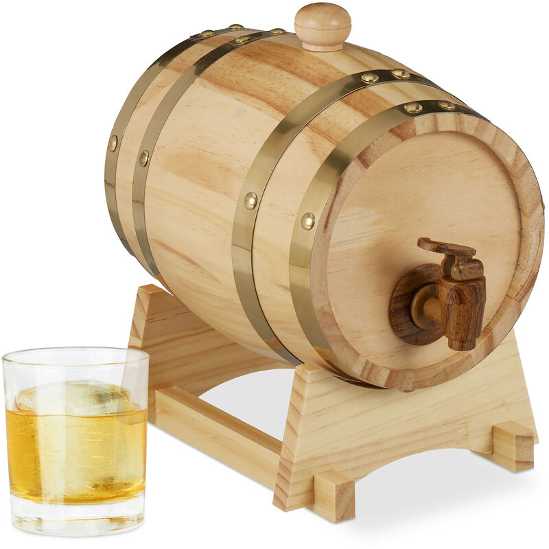 Holzfass 1,25 l, mit Bock, Zapfhahn, für Whiskey, Wein, Spirituosen, Whiskyfass HxBxT 23 x 16 x 25,5 cm, natur - Relaxdays