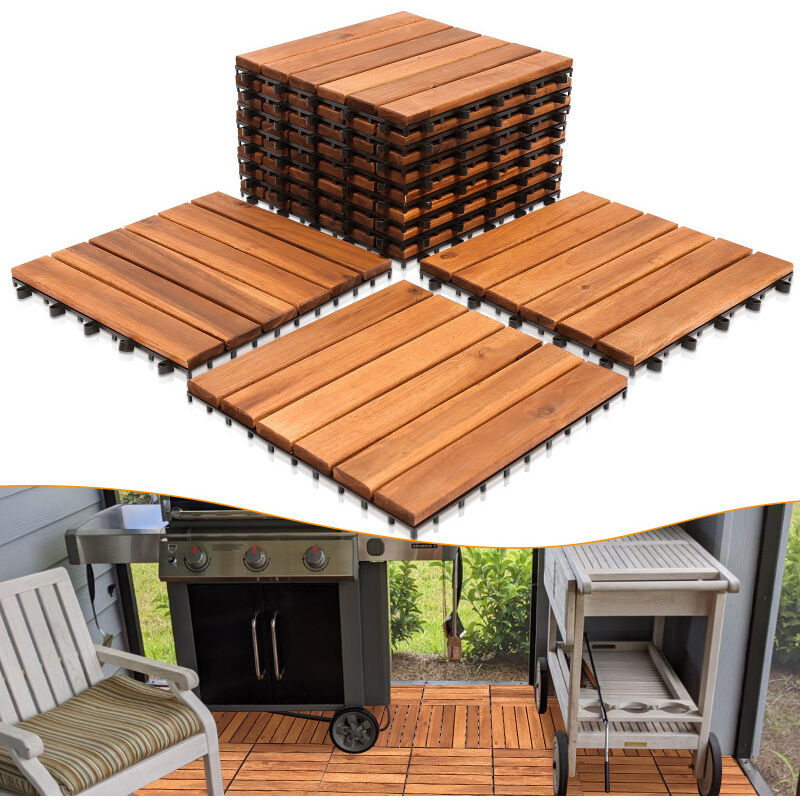 SWANEW 10m² Holzfliesen Akazie Mosaik Terrassenfliese 30x30 cm Fliese Stecksystem Mosaik Zuschneidbar Terrassenfliesen Terrasse Balkon