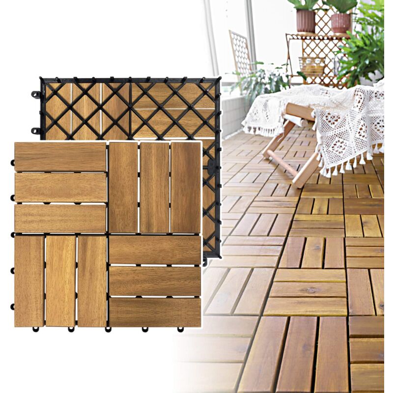 Holzfliesen Terrassenfliesen 30 x 30 cm Holzoptik Balkonfliesen mit Drainag und Klick-Fliesen Bodenbelag Wetterfest (Model B, Größe: 11 Stück 1m²)