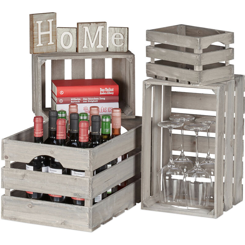 Relaxdays Holzkiste im 4er Set, Dekoration & Aufbewahrung, 4 unters. Größen, für Wein, Deko & Bücher, Shabby Look, grau