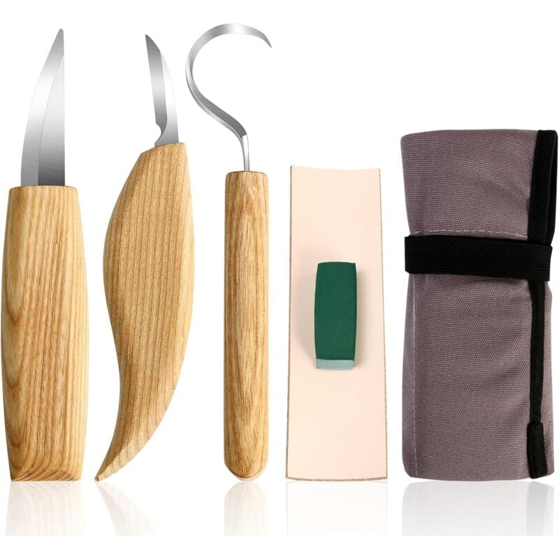 Memkey - Holzmeißel, 5-teiliges Holzschnitzset, Schnitzmesser, Hakenmesser, Manganstahlklinge für Holzschnitzerei, Tischler, Schnitzwerkzeuge
