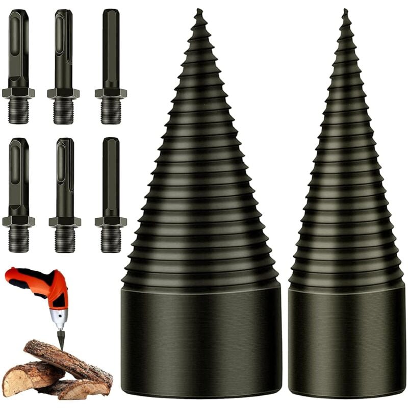Holzspaltbohrer – 32 mm + 42 mm Holzspalter, Kegel-Holzspalter, Kegelbohrer mit 6 Griffen, quadratisch/rund/sechskant für elektrische Bohrmaschine,
