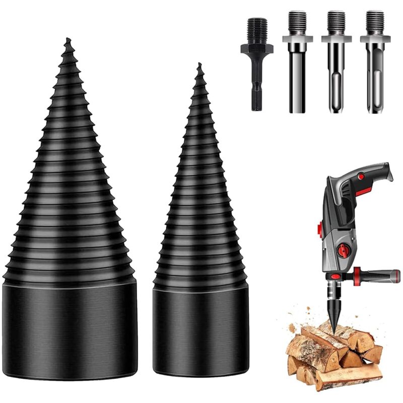 Jalleria - Holzspaltbohrer, 32 mm + 42 mm Holzspalter, Kegelbohrer mit 4 Griffen, Holzbohrer zum Spalten von Holz, Kegelholzspalter, Holzspaltbohrer