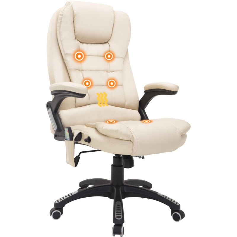 Massagesessel Bürosessel Bürostuhl Chefsessel Gamingsessel 6 Punkt Vibrations Massage mit Wärmefunktion Kunstleder Ledersessel drehbar Creme 62 x 68