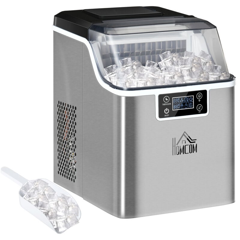 Homcom - Eiswürfelmaschine, Ice Maker Edelstahl 24 Eiswürfel in 14-18 Min., 20kg/24h, 3,2L Wassertank, Selbstreinigend Eiswürfelbereiter mit 2 Arten