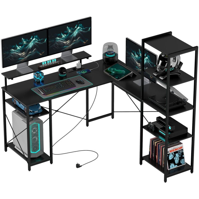 Schreibtisch Gaming Tisch l Form mit Regal, Computertisch mit Monitorständer, Steckdose, USB-Ladeanschluss Eckschreibtisch für Heimbüro,