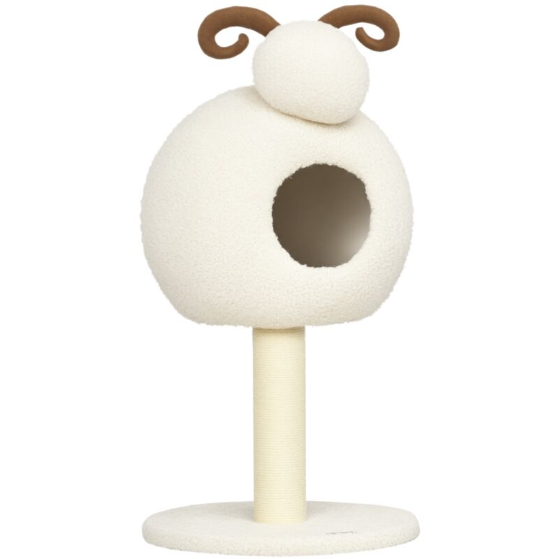 Kratzbaum, 80 cm, Katzenbaum mit Katzenhöhle, Katzenkratzbaum im Ziegen-Design, Kletterbaum mit Sisalsäule und Plüschrahmen, Katzenmöbel, Cremeweiß