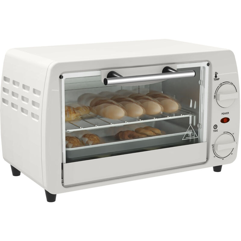 HOMCOM Mini Backofen 10 L 750W 100-230℃ 60 Min. Timer mit Backblech, Grillrost und Herausnehmbarer Bodenschale, Pizza-Ofen Cremeweiß