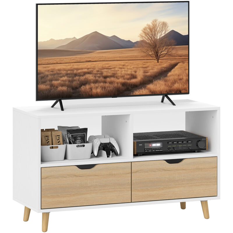HOMCOM TV Schrank Lowboard mit 2 Ablage, Schublade, 99 cm lang Fernsehtisch für Fernseher, TV Board für Wohnzimmer, Weiß, 99 x 39 x 58,3 cm