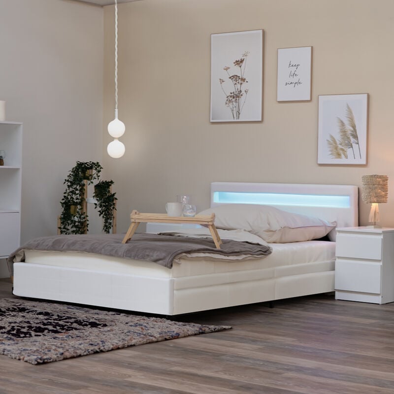 HOME DELUXE - LED Bett NUBE - Weiß, 180 x 200 cm - inkl. Matratze, Lattenrost und Schubladen I Polsterbett Design Bett inkl. Beleuchtung LED
