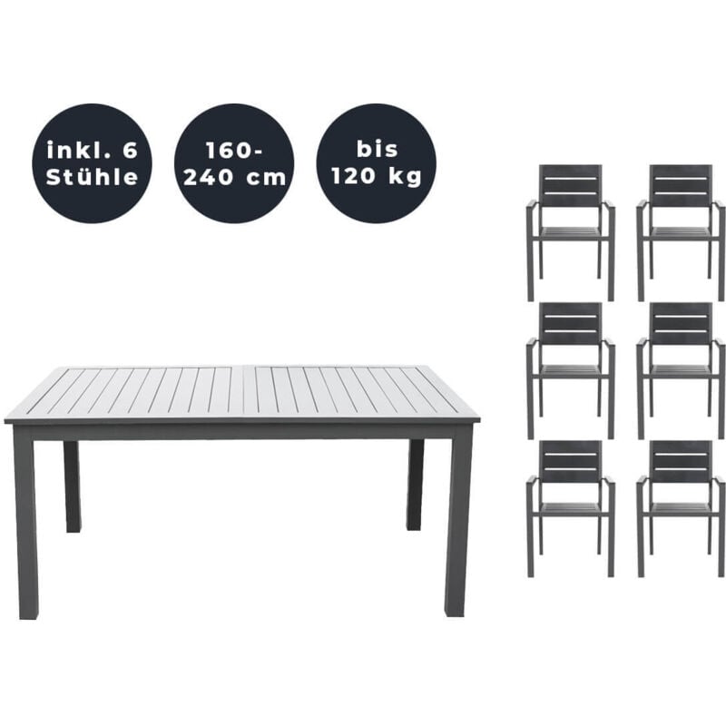 Garten-Sitzgruppe ausziehbar casa madera - 160/240 x 100 cm 6 Stühle Menge 7 tlg. Lounge Gartenmöbel Gartenmöbel Kunststoff - Home Deluxe