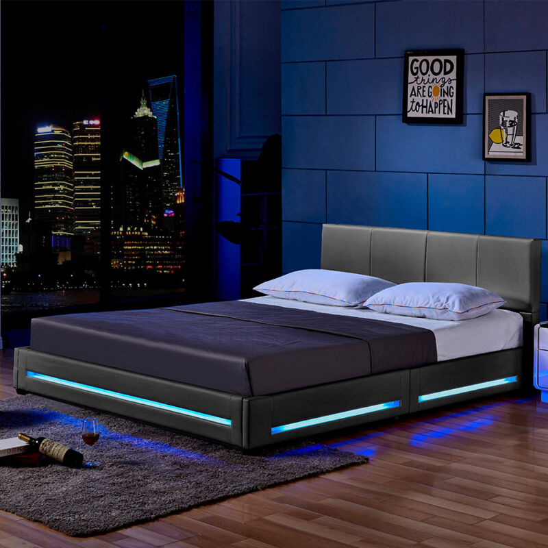 HOME DELUXE - LED Bett Asteroid - Dunkelgrau, 160 x 200 cm - Inkl. Lattenrost I Polsterbett Design Bett inkl. Beleuchtung LED Polsterbett Bett