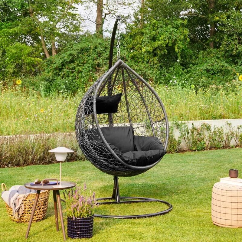 Polyrattan Hängesessel mit Gestell cielo Farbe: Schwarz, Ausstattung: inkl. Regenabdeckung Poly Rattan Hängesessel Hängekorb - Home Deluxe