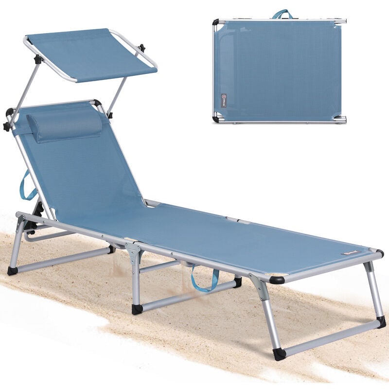 Gartenliege Leicht Sonnenliege Klappbar Alu Liegestuhl Strandliege 1-tlg, 5 fach Verstellbare Rückenlehne, Sonnenschutzdach, bis 120KG--blau