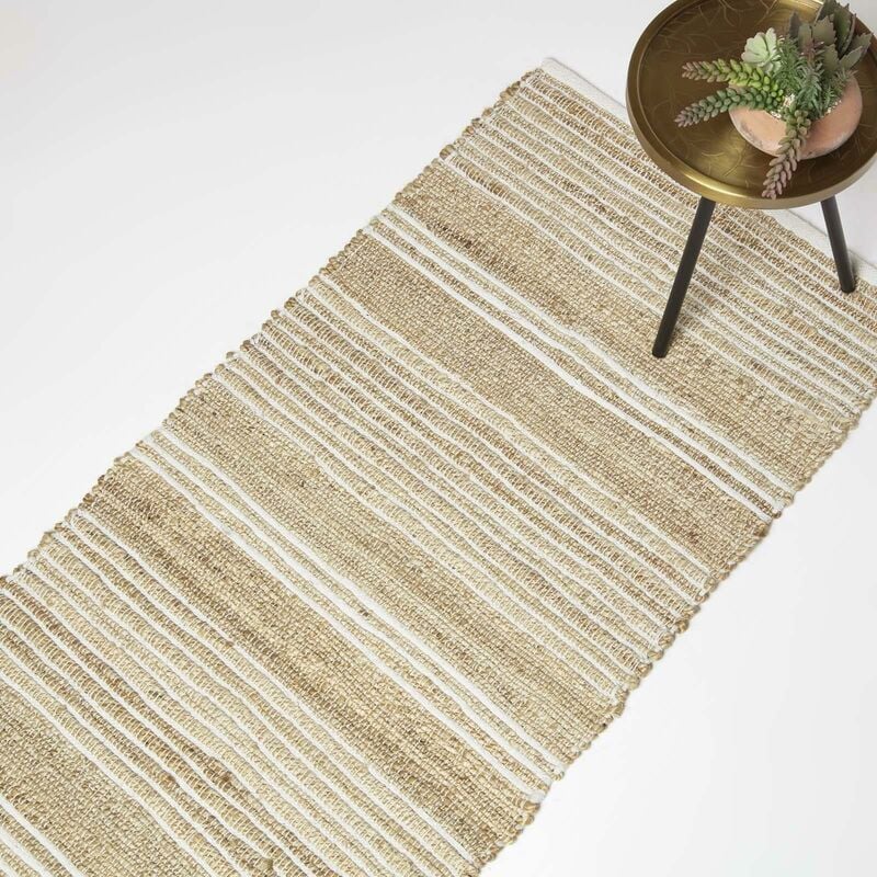 HOMESCAPES Arlyn Jute Teppichläufer 66 x 200 cm - Teppich beige-weiß gestreift