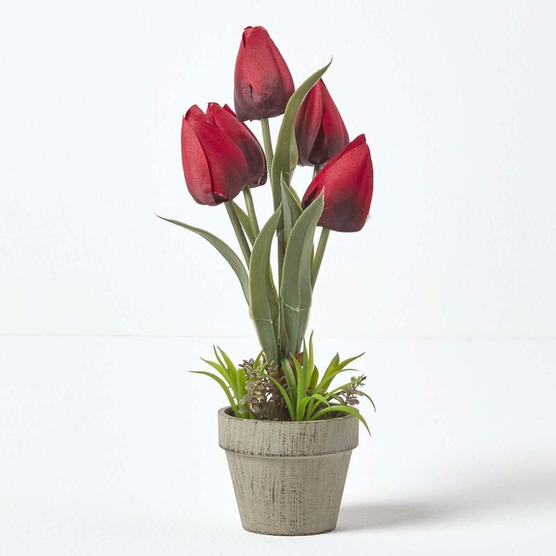 Kunstblumen Tulpen in Zellstoff Topf 27 cm hoch, rot - Homescapes