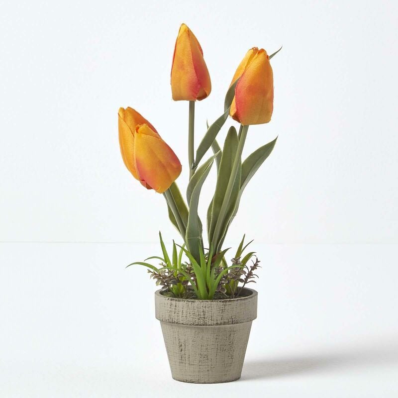 Homescapes - Kunstblumen Tulpen in Zellstoff Topf 27 cm hoch, orange