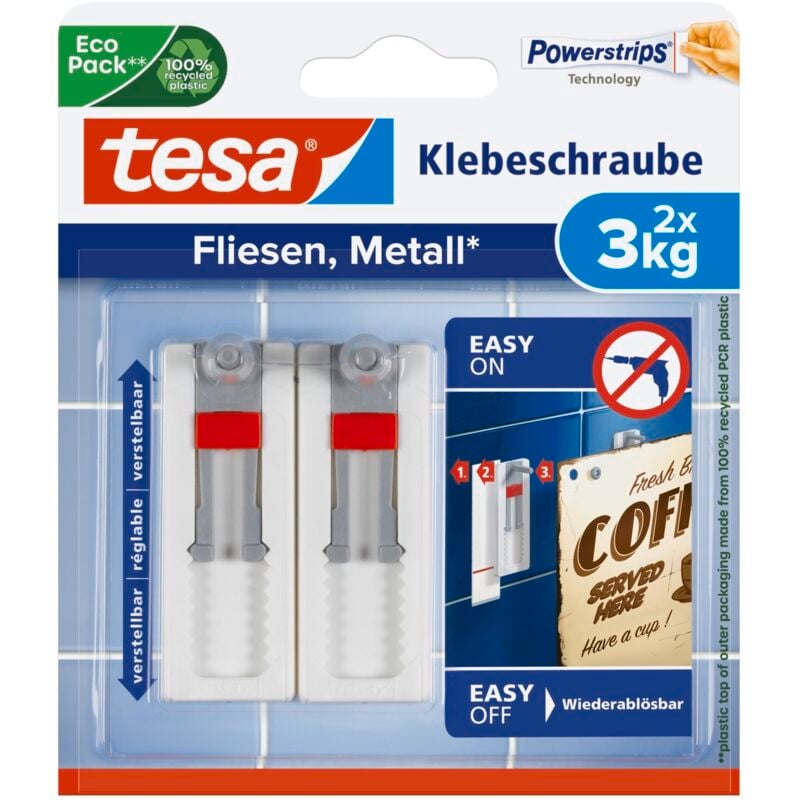 Tesa - Klebenagel Leinwand Fliesen & Metall-höhenverstellbar-Selbstklebender Leinwand & Keilrahmen-hält bis 2kg/Nagel-spurlos ablösbar, Weiß