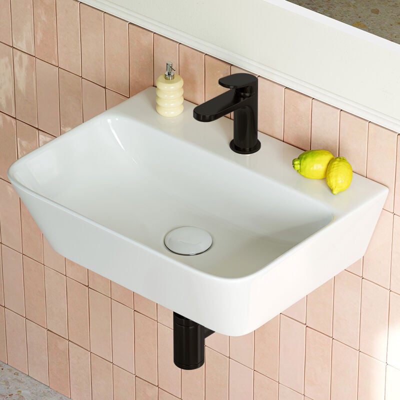 Horow - Keramik Waschbecken - Aufsatzwaschbecken fürs Badezimmer - Hängewaschbecken aus Keramik - Eckig - 41cm x 31cm x 12cm - Weiß