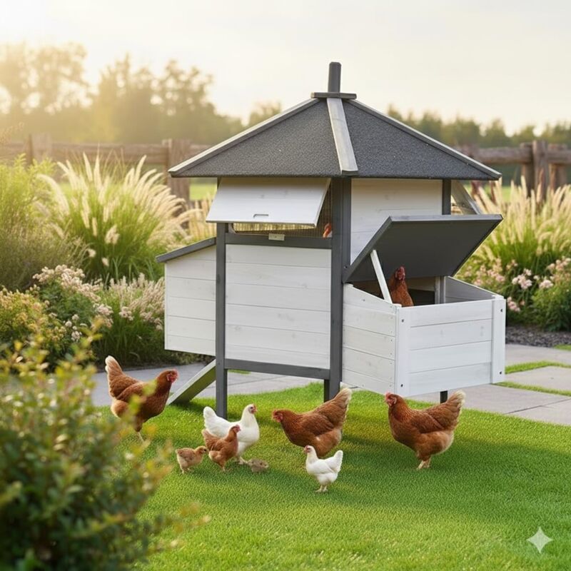 Mucola - Hühnerstall 6-Eck Hühnervoliere Hühnerhaus Gefügelstall Kleintierstall Freigeheg Weiß / Grau