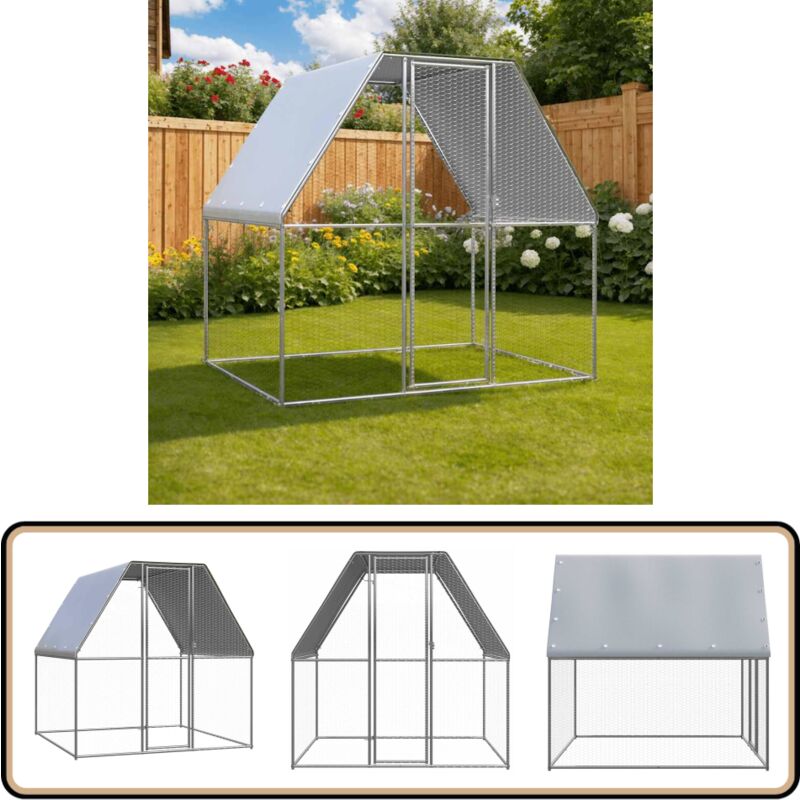 Hühnerkäfig Silbern und Grau 2x2x2 m Verzinkter Stahl - Huhnerhaus - Hühnergehege - Gartenvoliere - Vogelvoliere - Kleintierstellplatz