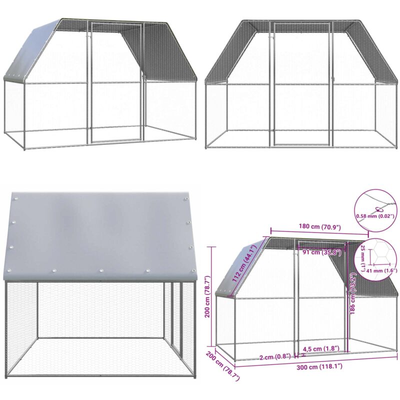 Hühnerkäfig Silbern und Grau 3x2x2 m Verzinkter Stahl - Huhnendrache - Hühnerhaus - Kleintiergehege - Vogelvoliere - Gartenhühnerstall - Home & Living