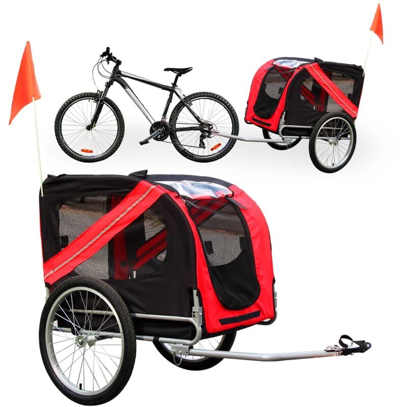Wiltec Hunde Fahrradanhänger 220x700x78cm rot-schwarz mit Sicherheitsdrehkupplung, Lastenanhänger Fahrrad mit Fliegengitter & Regenschutz