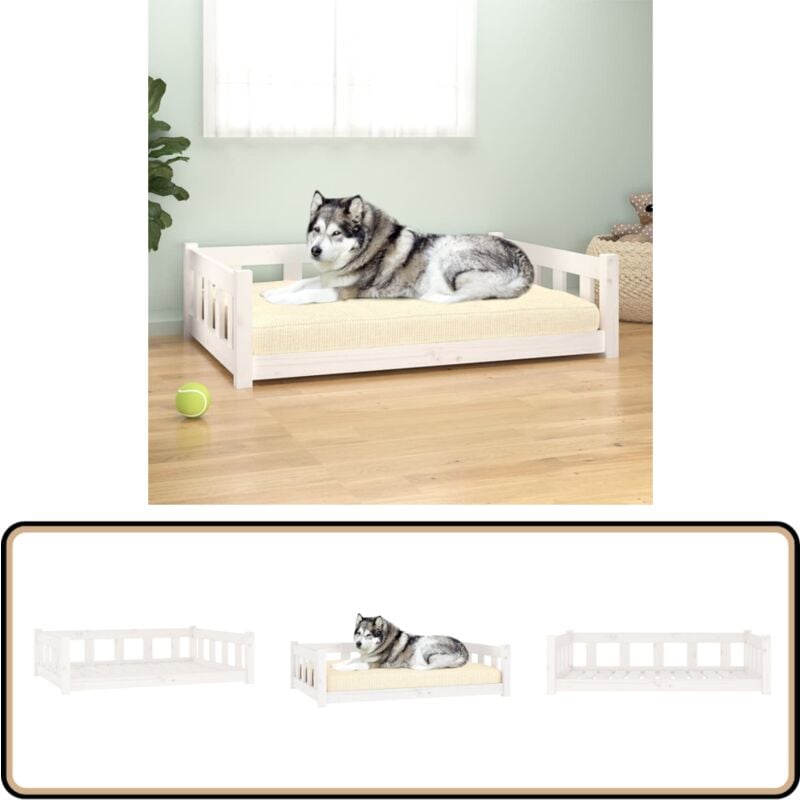 Hundebett Weiß 105,5x75,5x28 cm Massivholz Kiefer - Hunde Bett - Hundehaus - Holz Tierbetten - Kiefernholz Hundebett - Hundematte