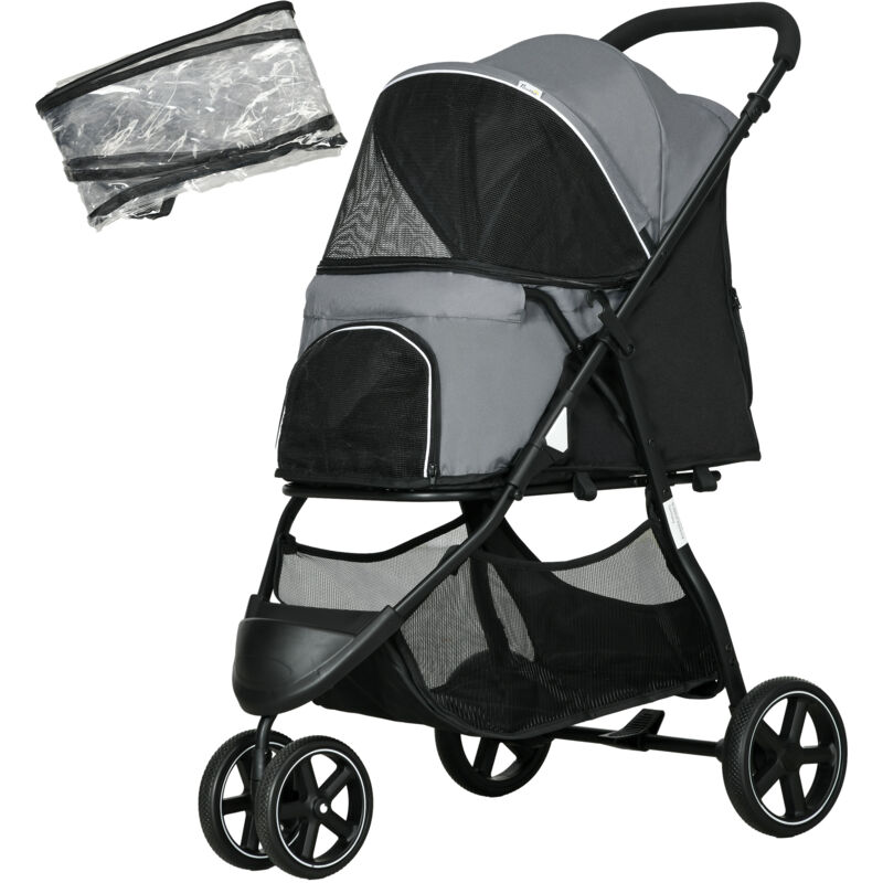 Hundebuggy Haustierwagen mit Regenschutz 2 Sicherheitsleinen Katzenwagen mit Aufbewahrungskorb Klappbar Hundebox für kleine und Miniaturhunde,