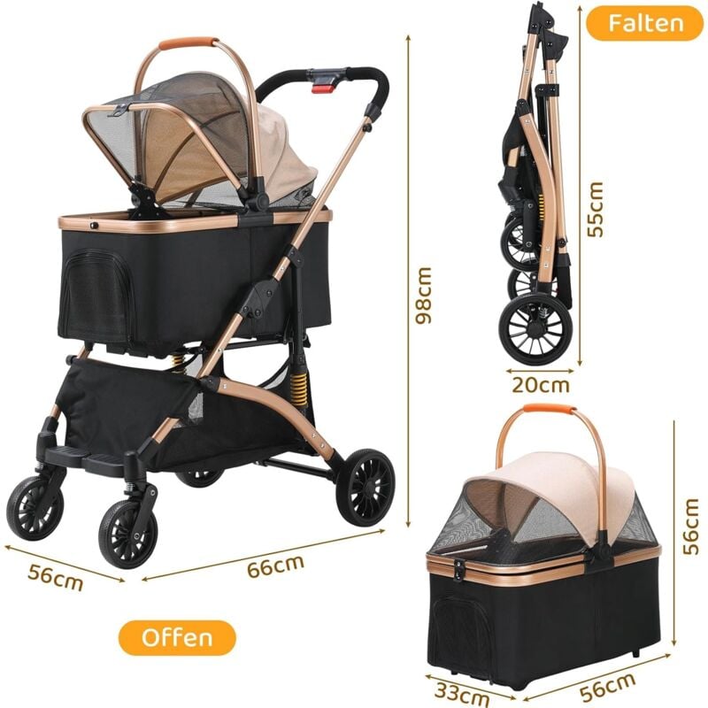 Hundebuggy Hundewagen Hundebox Katzen Pet Stroller Tiertransporter faltbar mit 4 Rädern 360°(Champagner)