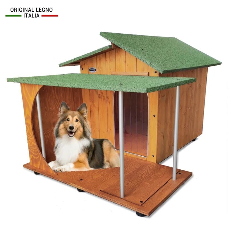 Original Legno Italia - Hundehütte Hundehaus Hundehöhle Hundebox Aus Holz Mod. Alpi mit Veranda Dach made in italy c - Setter mit thermovorhang