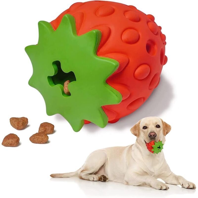 Hundekauspielzeug – Unzerstörbares interaktives Spielzeug – Langlebig – Erdbeerform – Naturkautschuk – Zahnpflege – Robustes Spielzeug für Hunde