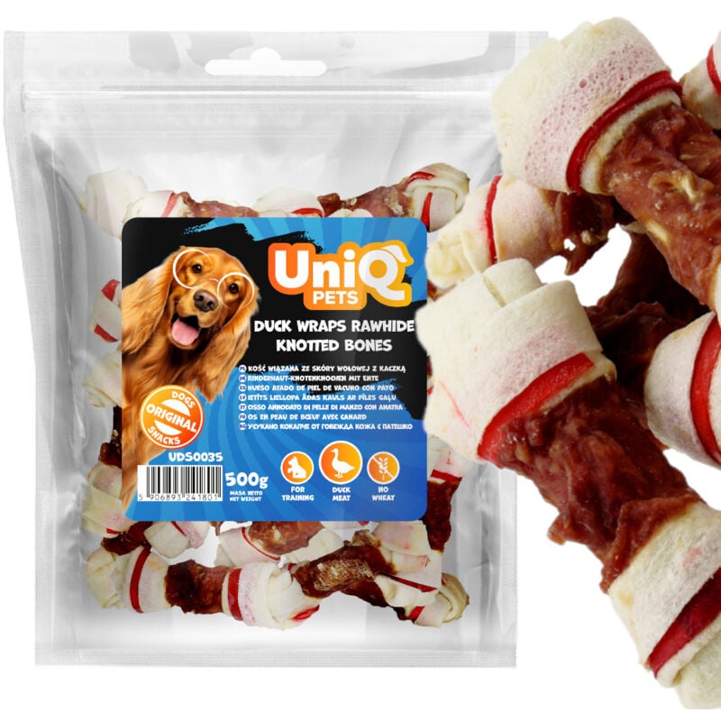 Hundeleckerlis Knochen gebunden mit Rinderhaut und Ente UniQ Pets 500g
