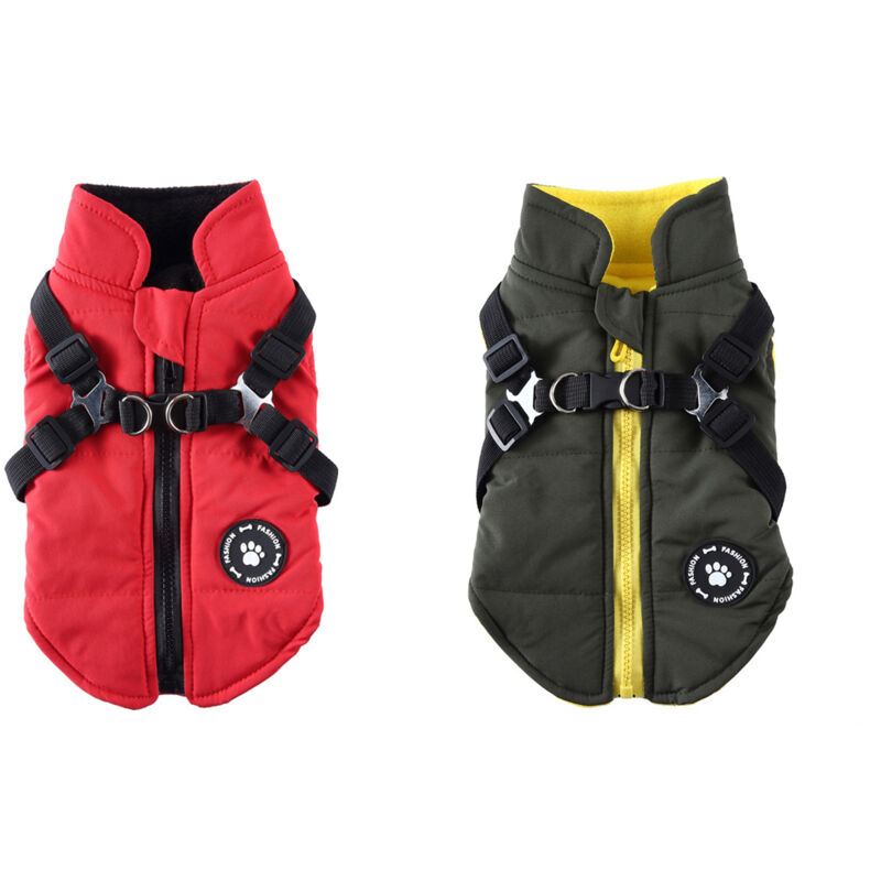 L) Rot + Grün Hundemantel Jacke mit Geschirr für kleine mittelgroße Hunde Wasserdichter Hundemantel Jacke Warm Gepolsterte Puffer Hundekleidung