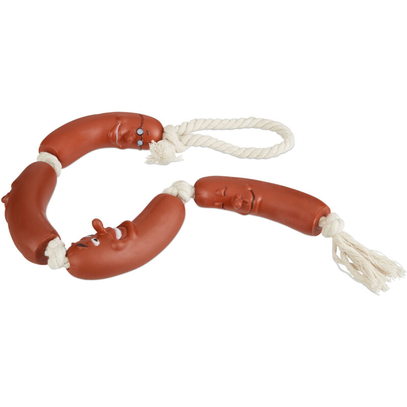 Relaxdays - 4 x Hundespielzeug Wurst, kleine & mittlere Hunde, robust, ohne Quietscher, Kauspielzeug, 65 cm lang, rot-weiß