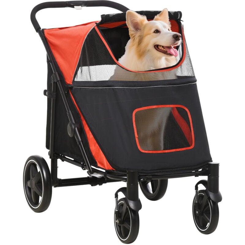 Hundewagen, Hundebuggy mit Kissen, faltbarer Hundetrolley, Katzenbuggy für große und mittelgroße Hunde, Hundetrolley mit Netzfenster,