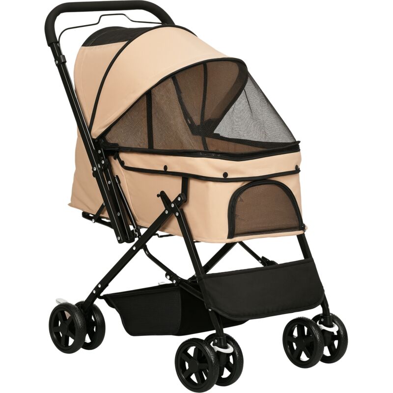 Hundebuggy Hundewagen Buggy für kleine Hunde und Katzen Haustierwagen Pet Stroller Katzenbuggy Oxford Braun 76,5 x 52 x 95 cm - Pawhut