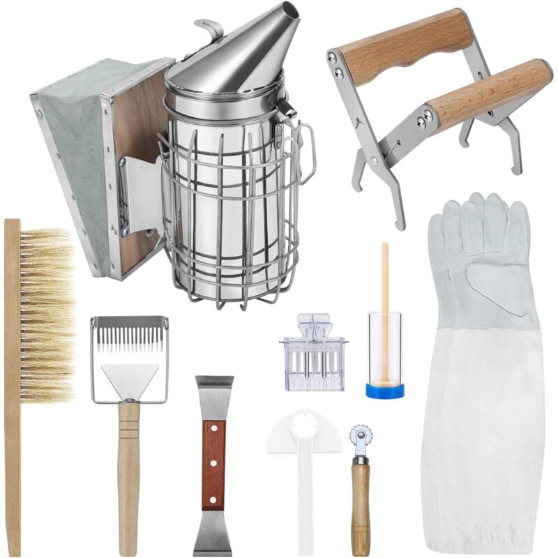 Imker-Starterset – Set mit 10 Imkerwerkzeugen und -zubehör, darunter Smoker, Rahmen, Handschuhe, Bienenbürste, Schaber, Gabel, Königinnenkäfig,