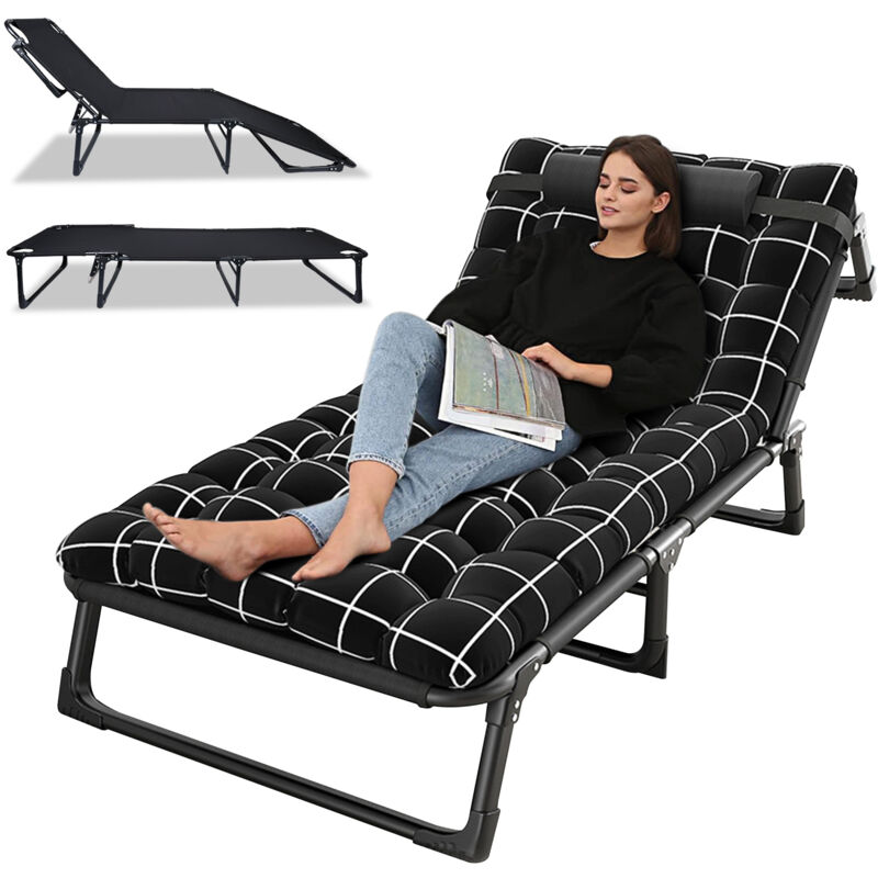 In 4 Positionen verstellbares, zusammenklappbares Campingbett mit Kissen, Outdoor-Liege, für Büro, Pool, Strand, Terrasse, Schwarz, 190 cm x 75 cm x