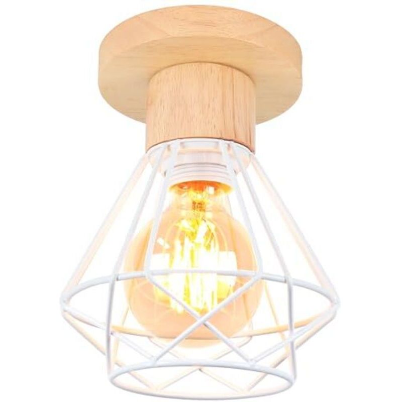 Industrielle Deckenleuchte, 16 cm Vintage E27 Retro-Pendelleuchte im Käfigdesign aus Eisen und Holz, weiße Deckenleuchte für Eingangsbereich, Flur,