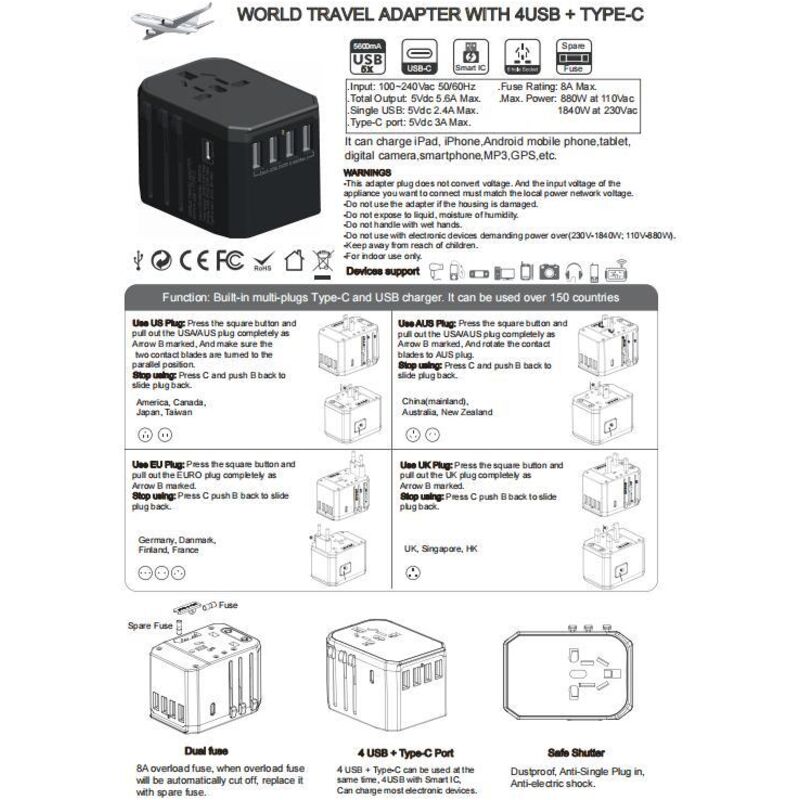 Internationaler Reiseadapter, Universaladapter mit 1 USB-A + 2 Typ C für Mobiltelefone, Computer, Tablets, All-in-One-Global-Netzsteckeradapter für