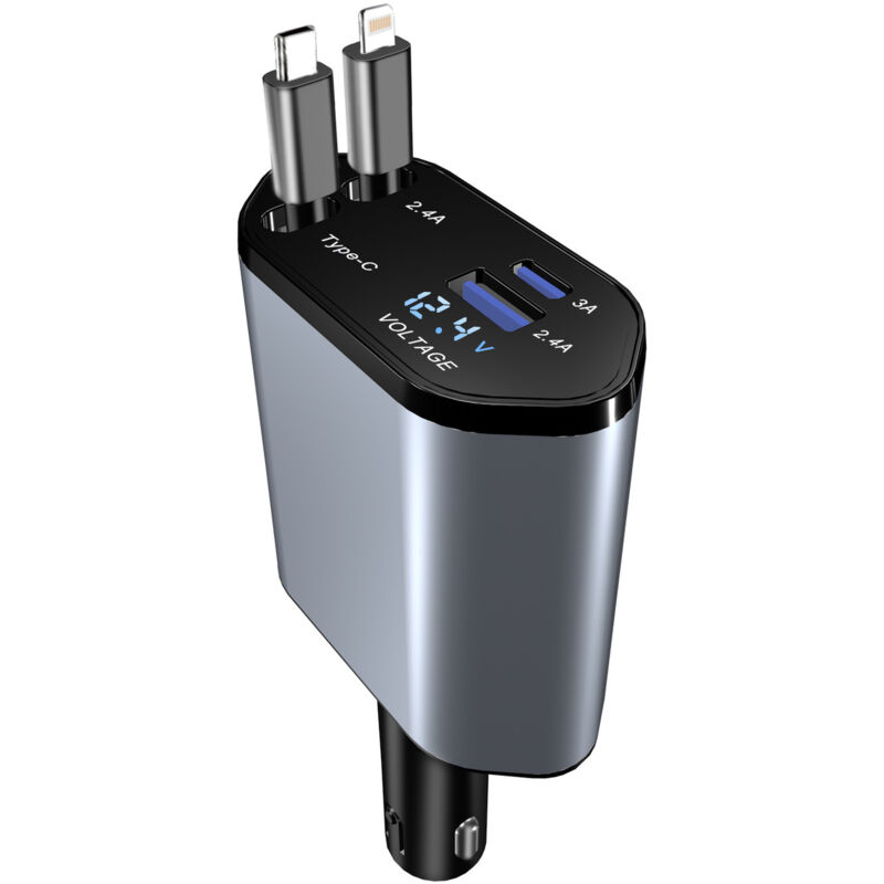 iPhone-Autoladegerät, Zigarettenanzünder, USB C, USB A, Schnellladung, max. 120 W, 2 einziehbare Kabel für iPhone 15, iPad, Galaxy, Google –