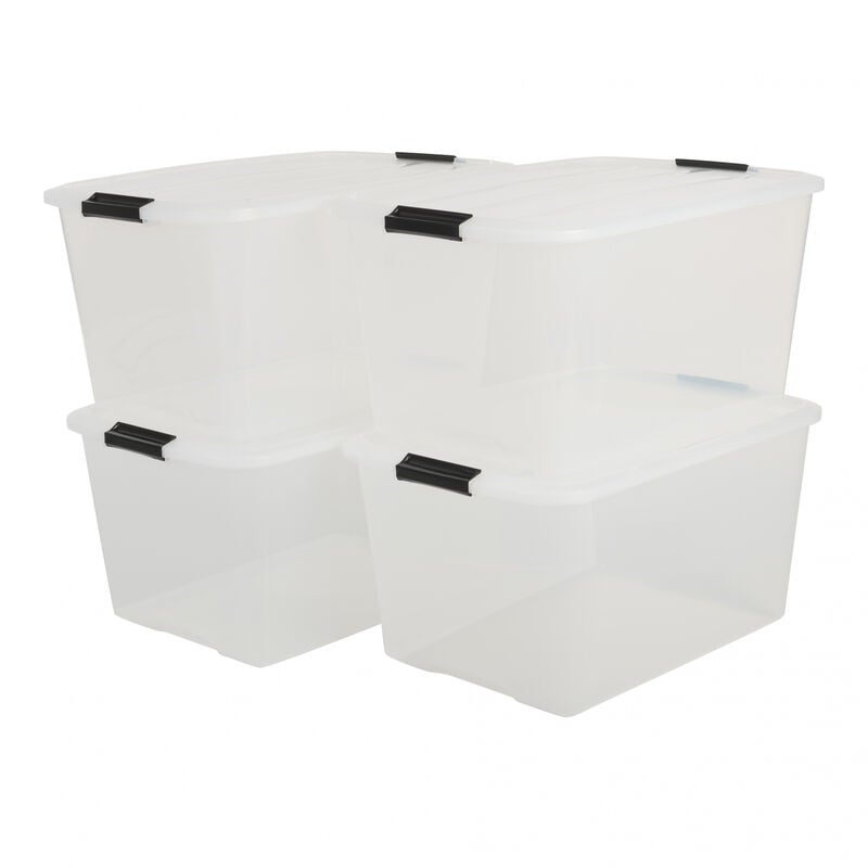 Aufbewahrungsbox mit Deckel, 45L, 4er-Set, Transparent, Schnappverschlüsse mit Griffen, Stapelbar, Stark & Langlebig, Für Kleidung, Garage, Zuhause,
