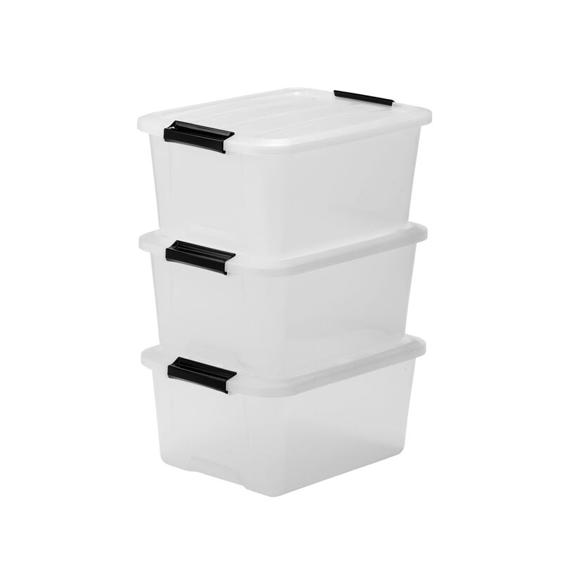 Aufbewahrungsbox mit Deckel, 15L, 3er-Set, Transparent, Schnappverschlüsse mit Griffen, Stapelbar, Stark & Langlebig, Für Kleidung, Garage, Zuhause,