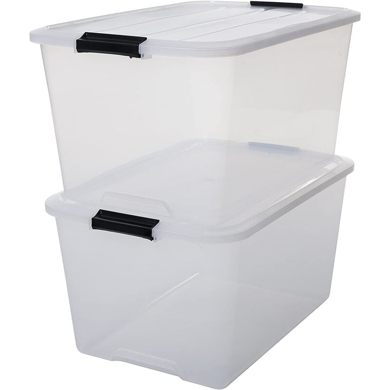 Aufbewahrungsbox mit Deckel, 45L, 2er-Set, Transparent, Schnappverschlüsse mit Griffen, Stapelbar, Stark & Langlebig, Für Kleidung, Garage, Zuhause,