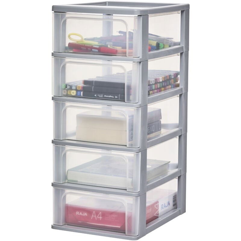 Kunststoff Schubladenbox mit 5 flachen Schubladen, Grau, Easy-Pull-System, A4, A5 & A6 Format, Schreibtisch Organizer für Büro, Schule, Schreibwaren,