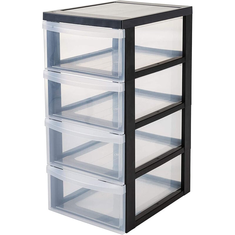 Iris Ohyama - Kunststoff-Schubladenbox mit Rollen, 4 flachen Schubladen, Schwarz, Griffe zum Ziehen, Für Schlafzimmer, Bad, Schule & Büro, BPA-frei,