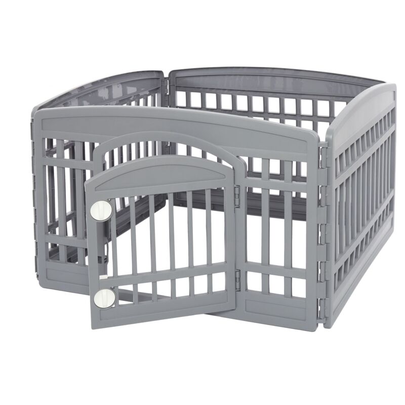 Iris Ohyama - Welpenauslauf mit 4 Panelen und abschließbarer Tür, H60cm, Grau, Katzengehege, Hundebox, Für Outdoor, Indoor, Welpenlaufstall,