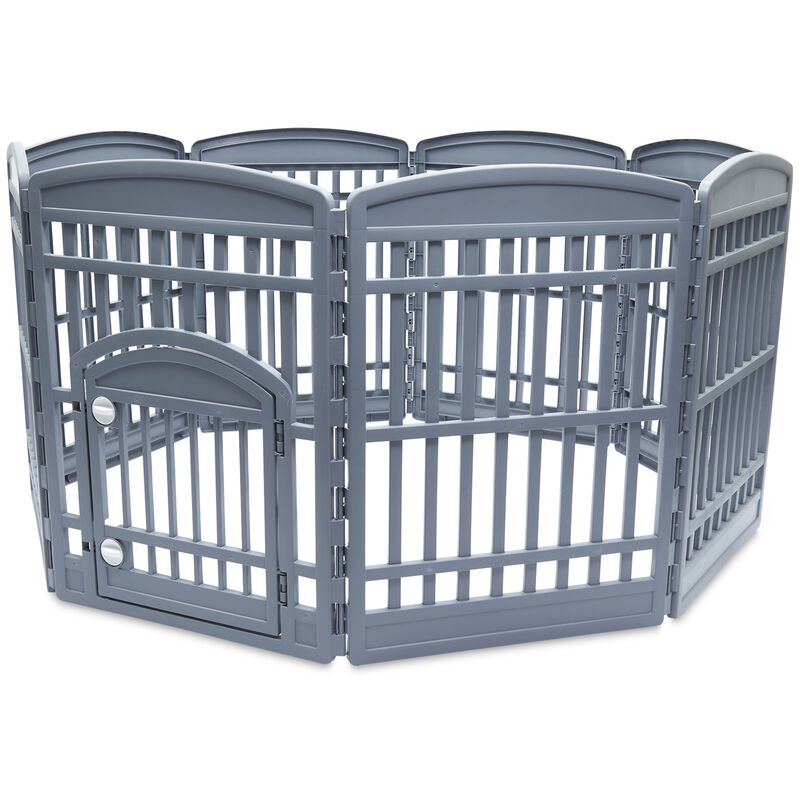 Iris Ohyama - Welpenauslauf mit 8 Paneelen und abschließbarer Tür, H90cm, Grau, Katzengehege, Hundebox, Für Outdoor, Indoor, Welpenlaufstall,